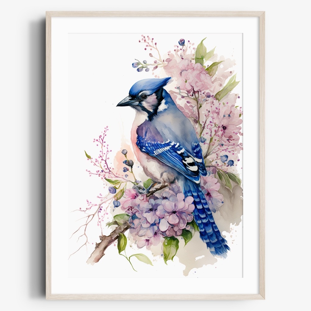 Watercolor Floral Blue Jay Art Print - Unframed Vibrant Wall Decor